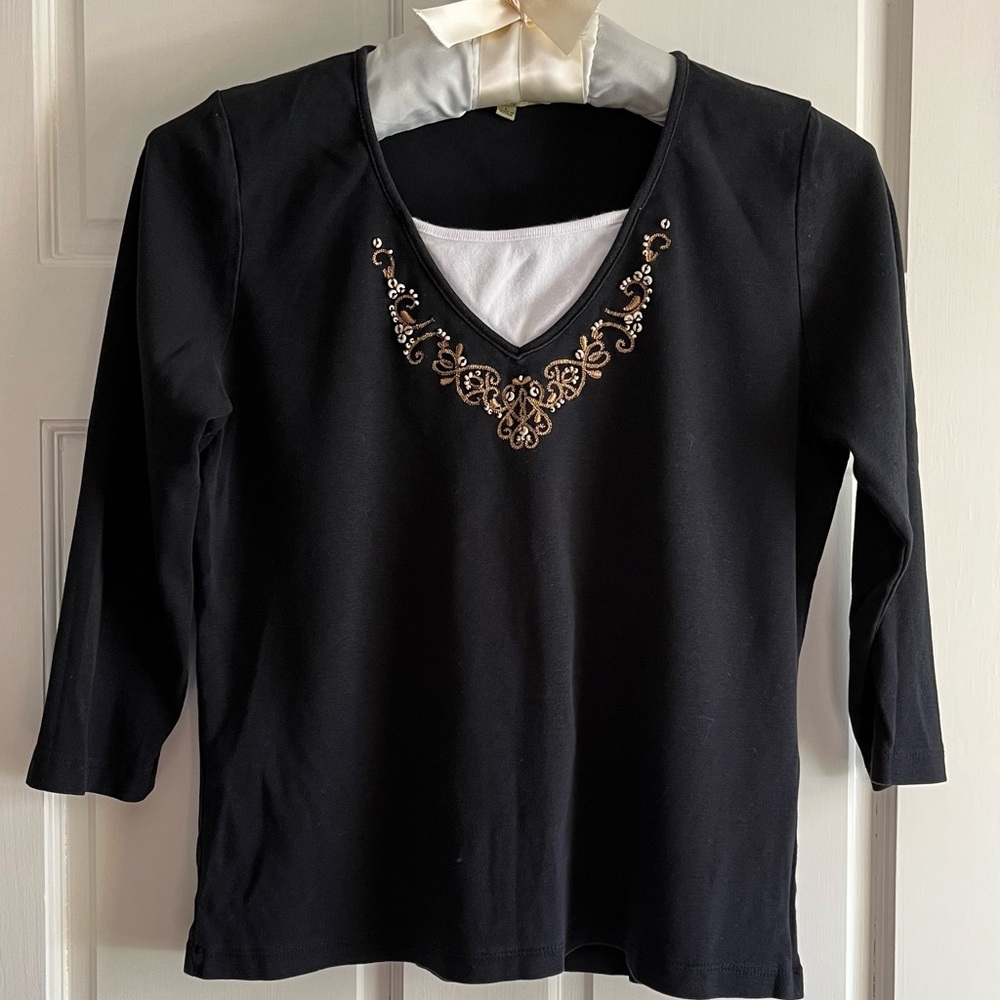 Carolyn Taylor Women's L 3/4 sleeve Black Layered Look shirt. Embroidered/beads - Picture 1 of 6